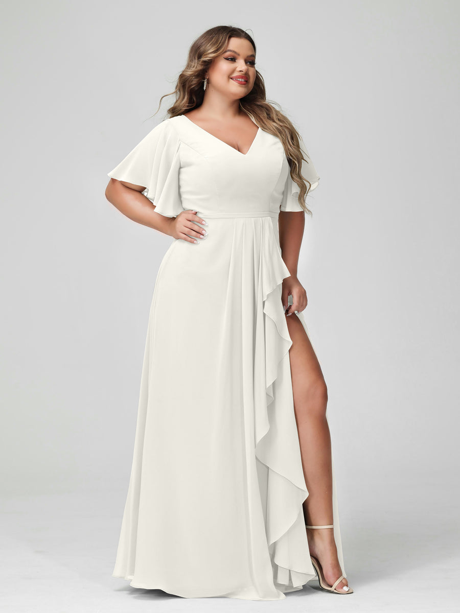 A-Line/Princess V-Neck Half Sleeves Chiffon Plus Size Bridesmaid Dresses with Split Side & Ruffles