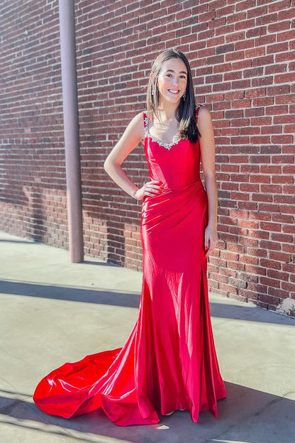 Bellamy | Mermaid V Neck Red Satin Slit Prom Dress with Beading