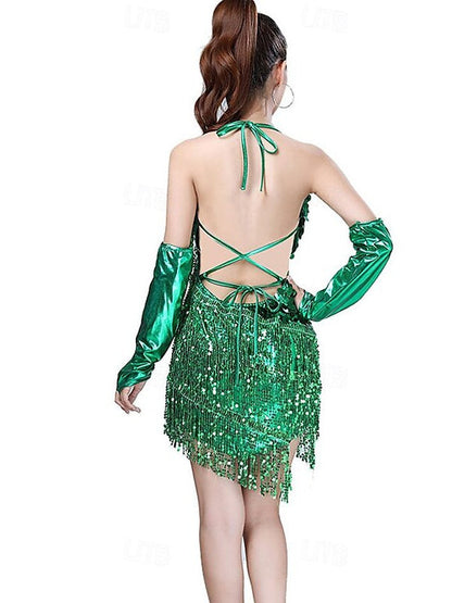 Sequins Tassel Latin Dance Dress for Women's Party Dresses  with Gloves