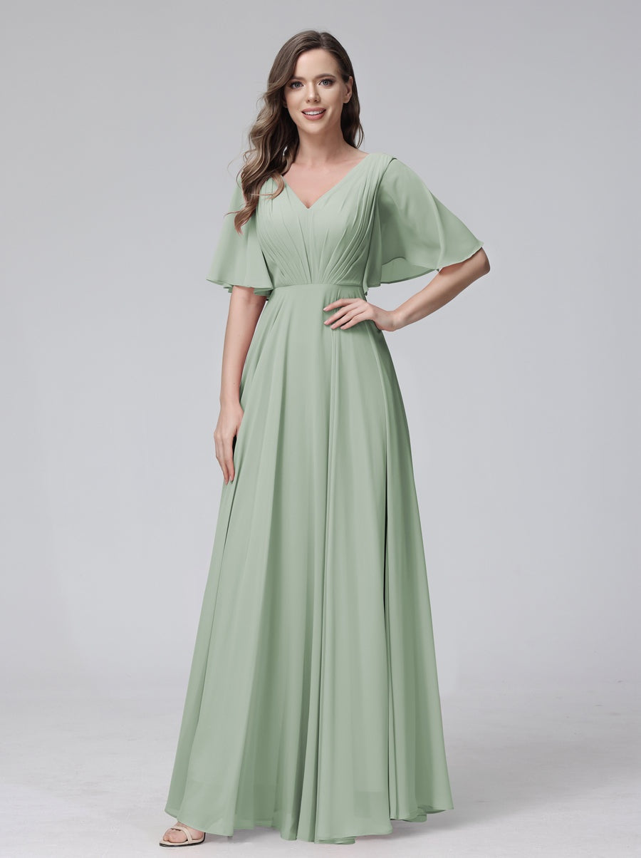 A-Line/Princess V-Neck Half Sleeves Floor-Length Bridemaid Dresses With Ruffles & Pockets