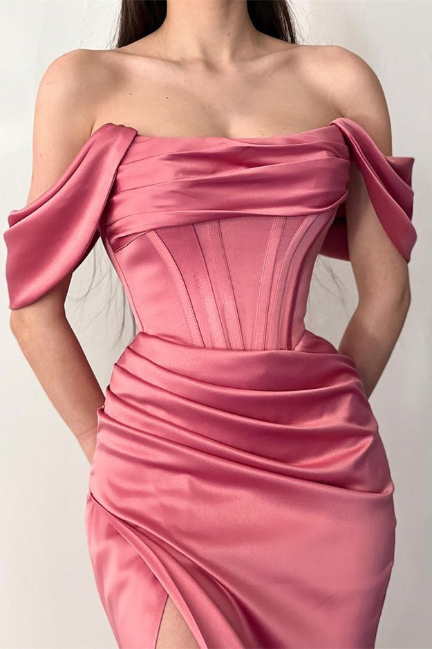 Dusty Rose Off-The-Shoulder Pleated Prom Dress Mermaid Split ED0004