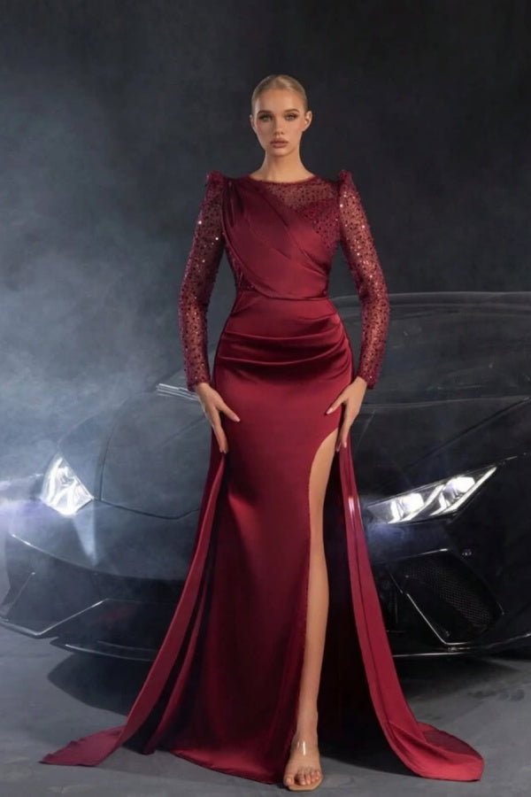 Burgundy Sequins Split Long Sleeves Prom Dress ZT0345