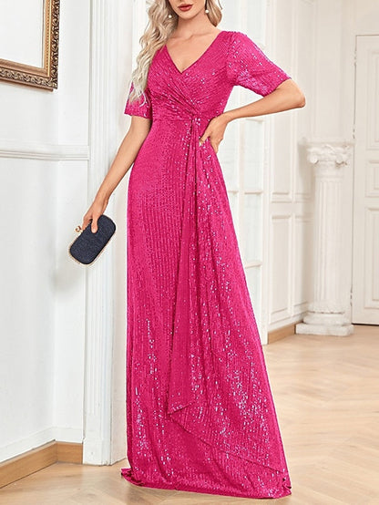 A-Line/Princess V-Neck Short Sleeves Floor-Length Party Cocktail Dress with Sequin