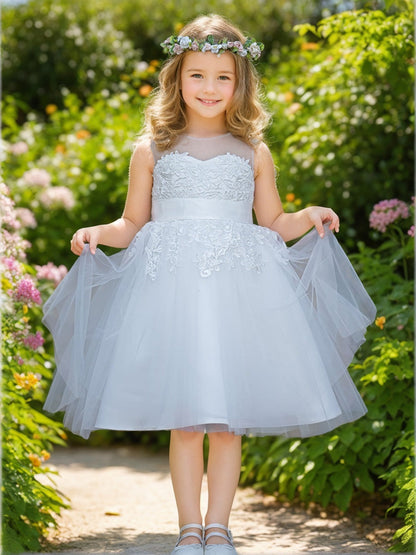 Lace Tulle Knee-length First Communion Flower Girl Dress