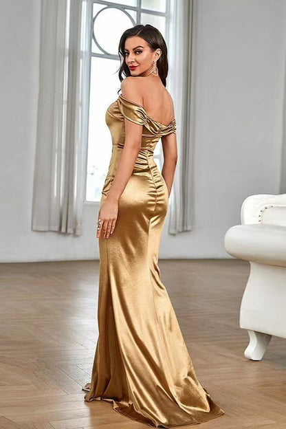 Elegant Off-The-Shoulder Split Mermaid Prom Dress With Pleats ED0363