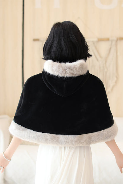 Elegant Black Faux Mink Hat with Grey-Trimmed Wedding Dress Shawl