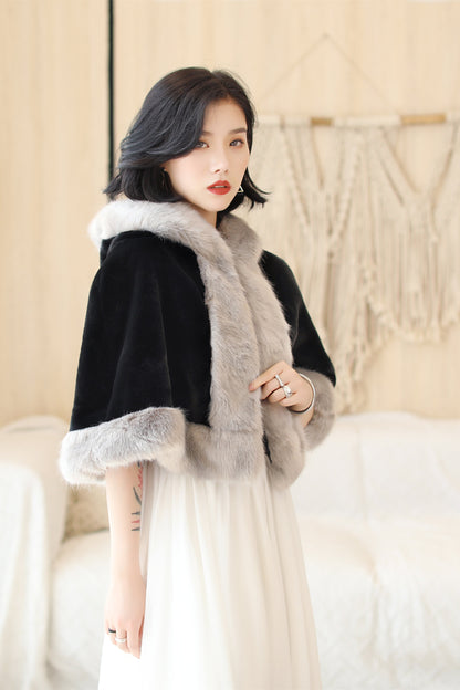 Elegant Black Faux Mink Hat with Grey-Trimmed Wedding Dress Shawl