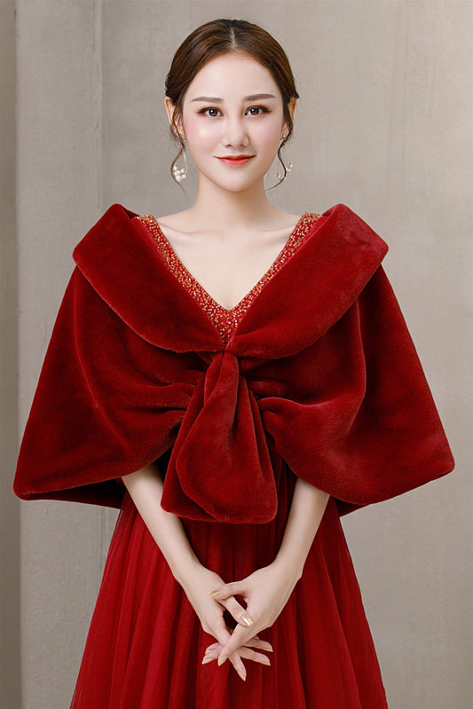 Elegant Burgundy Ears-Embellished Wedding Dress Shawl