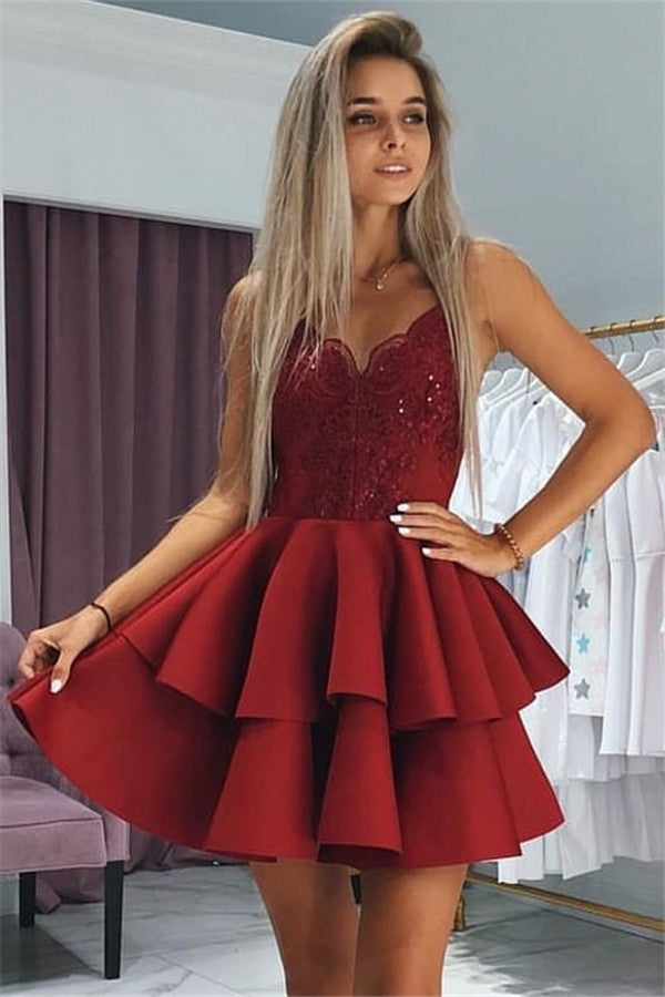 Elegant Layers Homecoming Dresses Spaghetti Straps Lace Hoco Dresses with Appliques