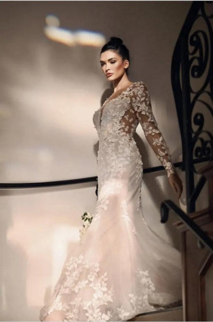 Elegant Long Mermaid Lace Wedding Dresses With Long Sleeves