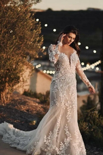 Elegant Long Mermaid Lace Wedding Dresses With Long Sleeves