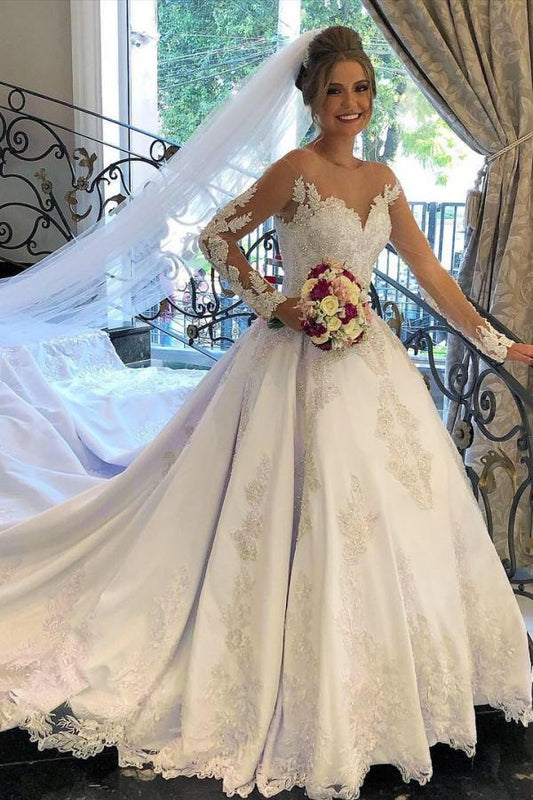 Elegant Long Sleeve Lace Wedding Dress Princess Bridal Wear Zipper Back