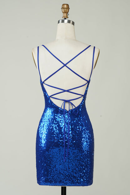 Elegant Royal Blue Sequined Backless Tight Homecoming Dress