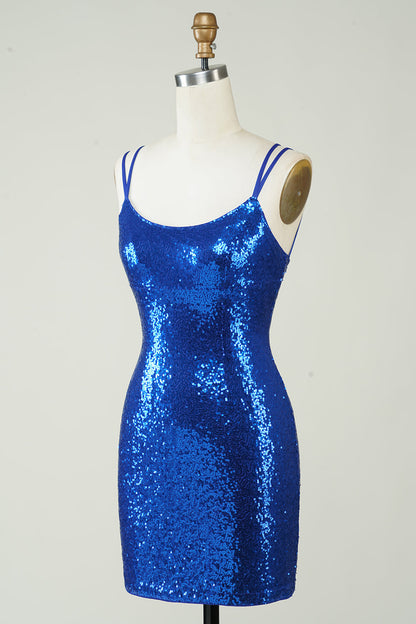 Elegant Royal Blue Sequined Backless Tight Homecoming Dress