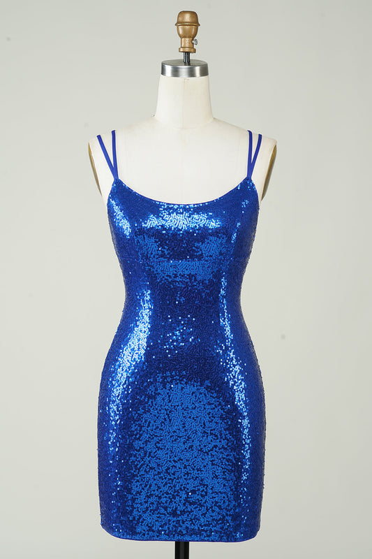 Elegant Royal Blue Sequined Backless Tight Homecoming Dress