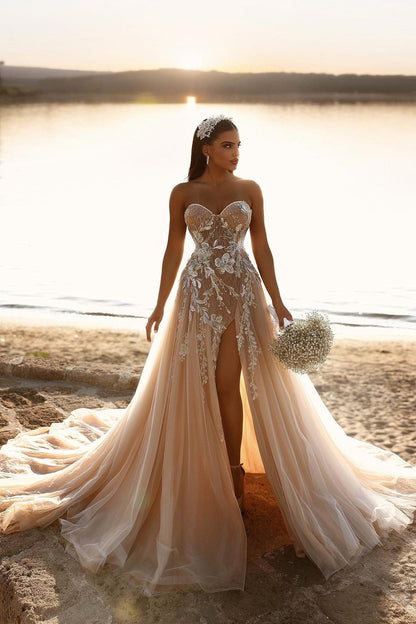 Elegant Sweetheart Long Glitter Lace Wedding Dress Long Slit Online