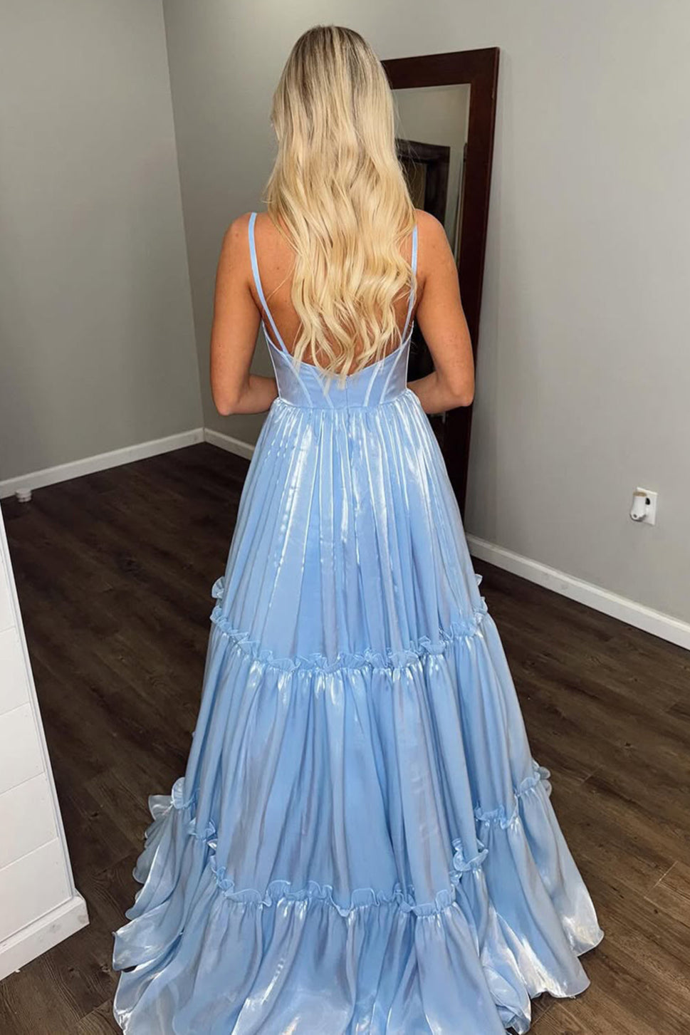 Elian | Cute A Line V Neck Light Blue Glitter Organza Satin Prom Dress