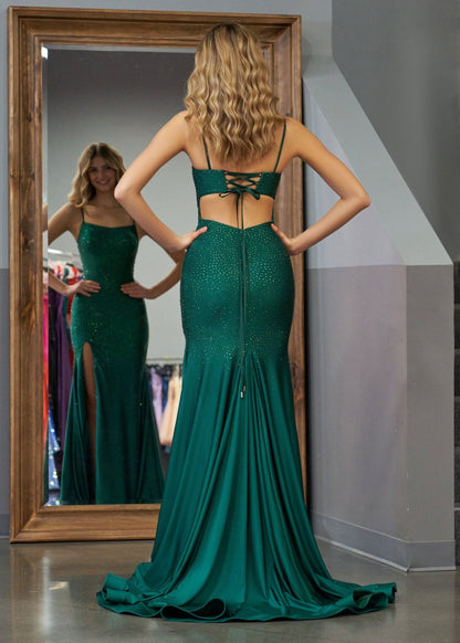 Emelia | Mermaid Spaghettti Strap Beaded Satin Prom Dress with Slit