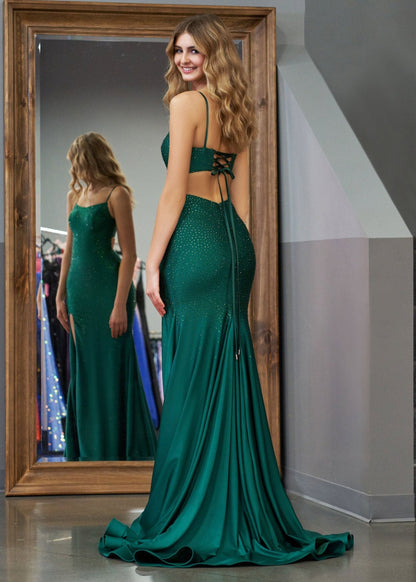 Emelia | Mermaid Spaghettti Strap Beaded Satin Prom Dress with Slit