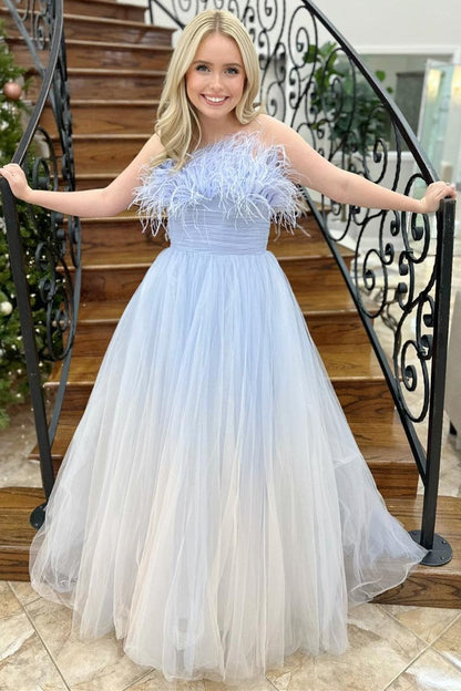 Enid | Blue and White Ombre Feathers Strapless A-Line Long Prom Dress