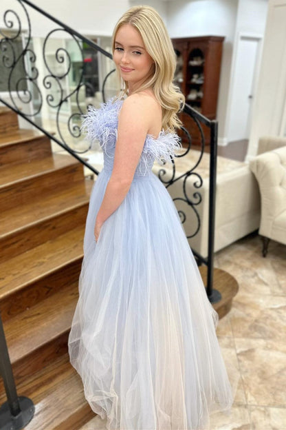 Enid | Blue and White Ombre Feathers Strapless A-Line Long Prom Dress