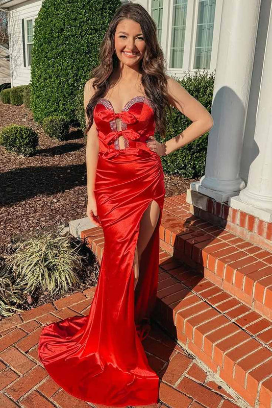 Entra | Red Strapless V-Neck Bow Mermaid Pleated Long Prom Dress with Slit