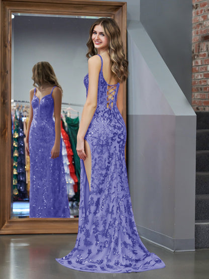 Erryn |Purple Sheath Sequins Long Prom Dress with Slit