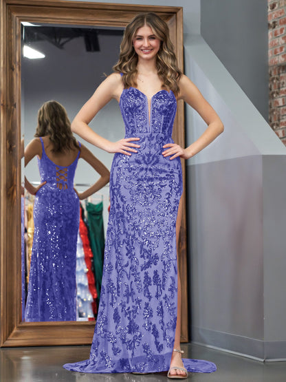 Erryn |Purple Sheath Sequins Long Prom Dress with Slit