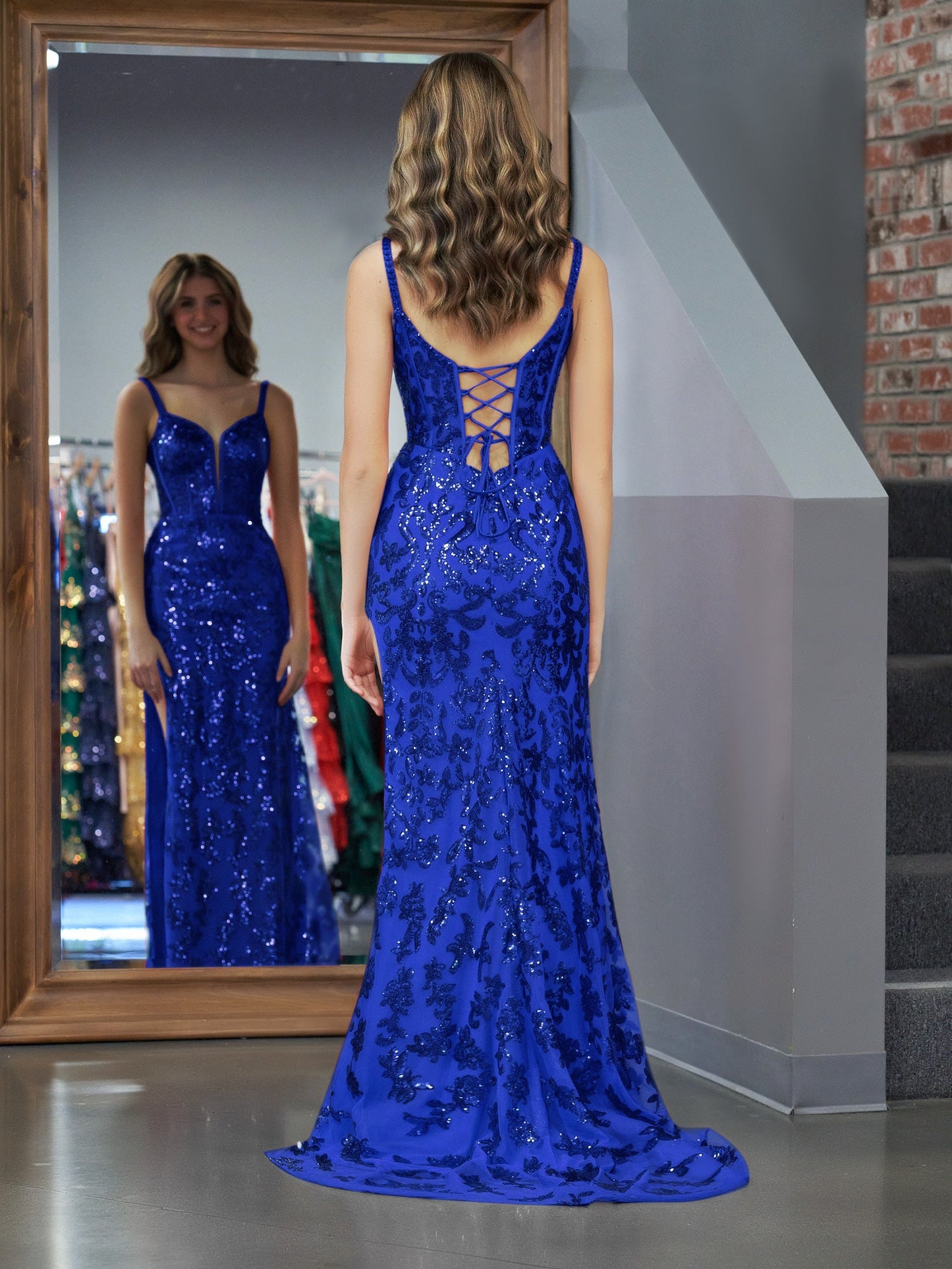 Erryn |Sparkly Blue Sheath Sequins Long Prom Dress with Slit