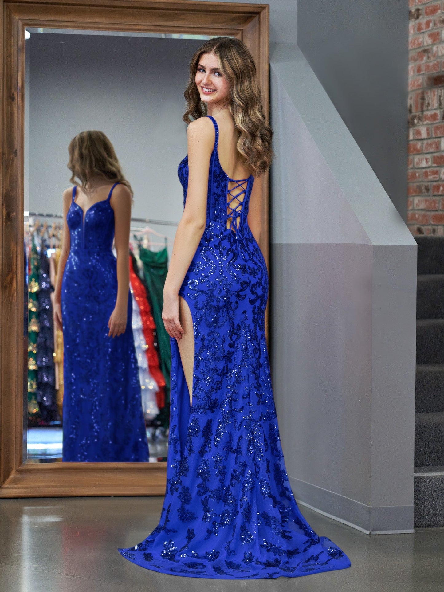 Erryn |Sparkly Blue Sheath Sequins Long Prom Dress with Slit