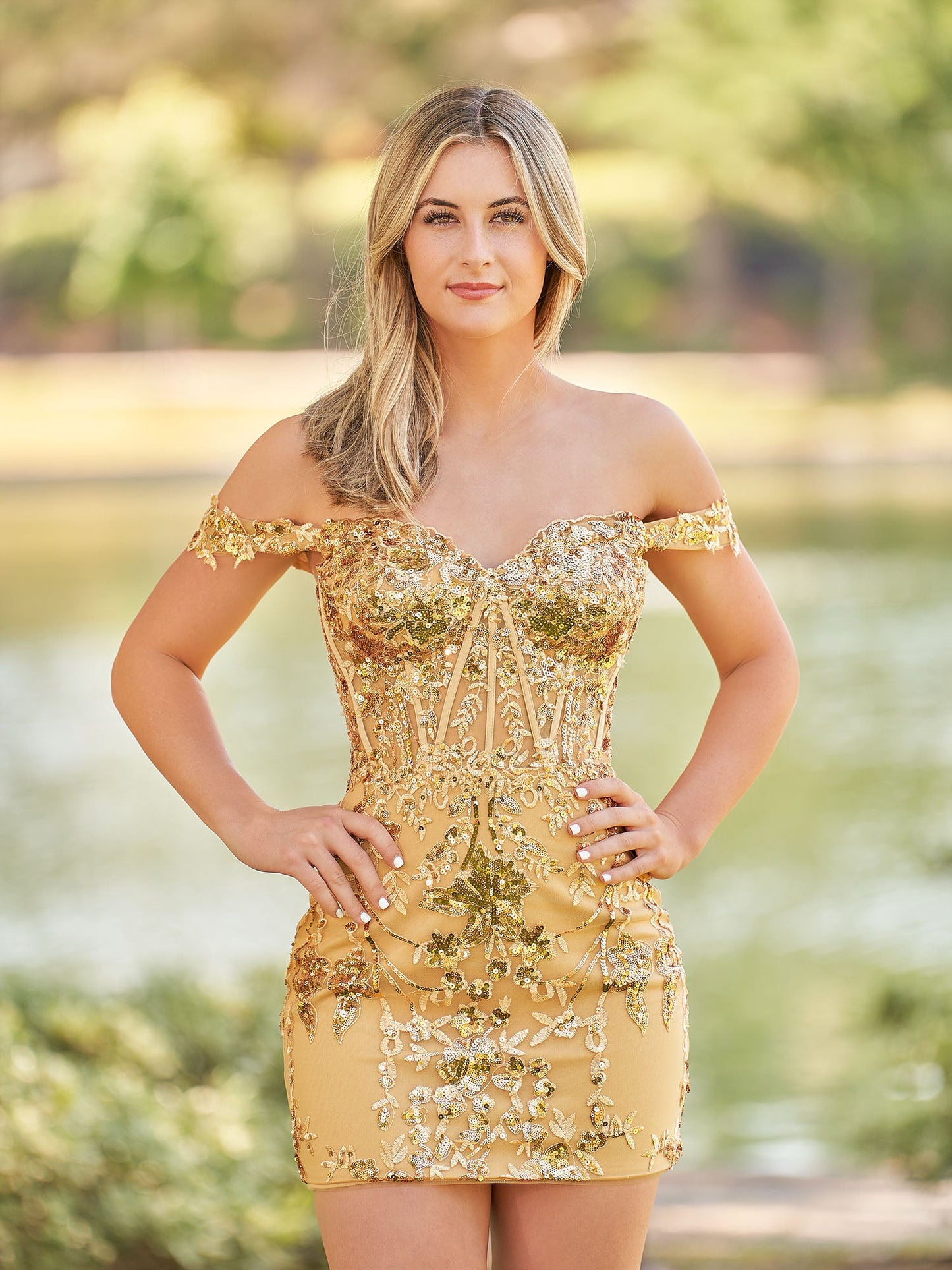 Erykah | Short Off the Shoulder Sheath Gold Kace Corset Homecoming Dresses