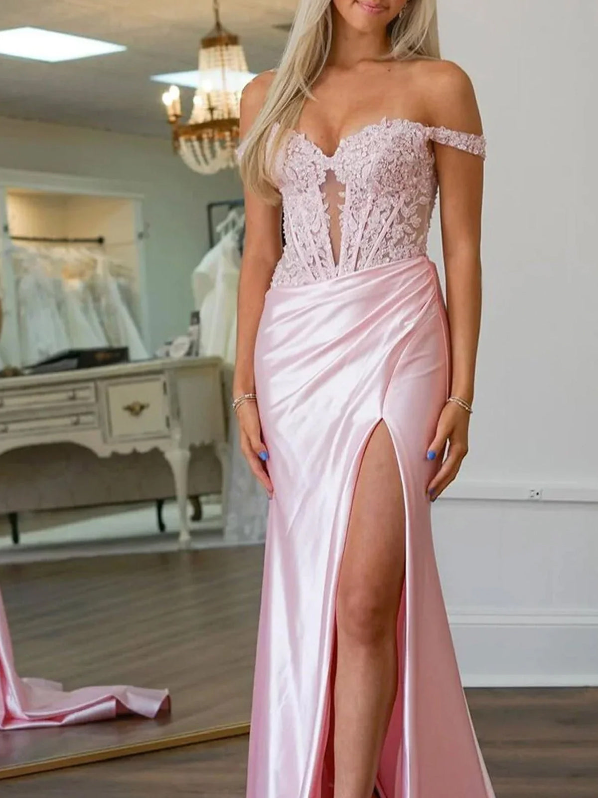 Eseld | Mermaid Sweetheart Pink Satin Long Prom Dresses With Split