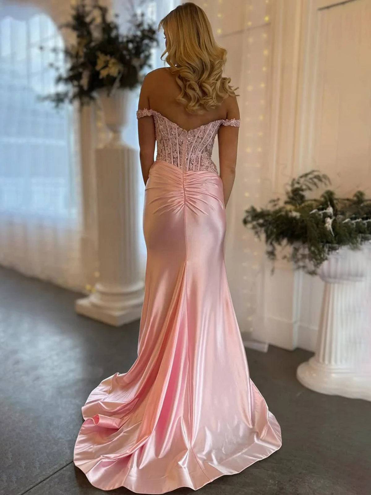 Eseld | Mermaid Sweetheart Pink Satin Long Prom Dresses With Split