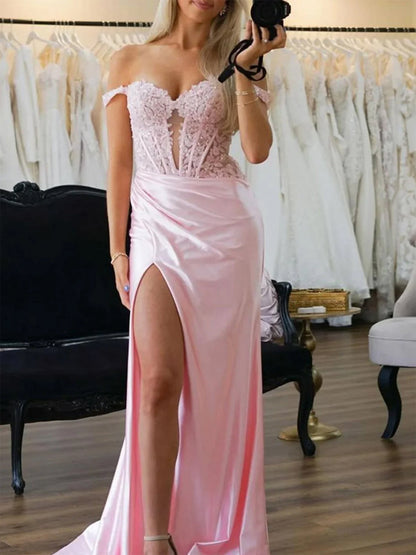 Eseld | Mermaid Sweetheart Pink Satin Long Prom Dresses With Split