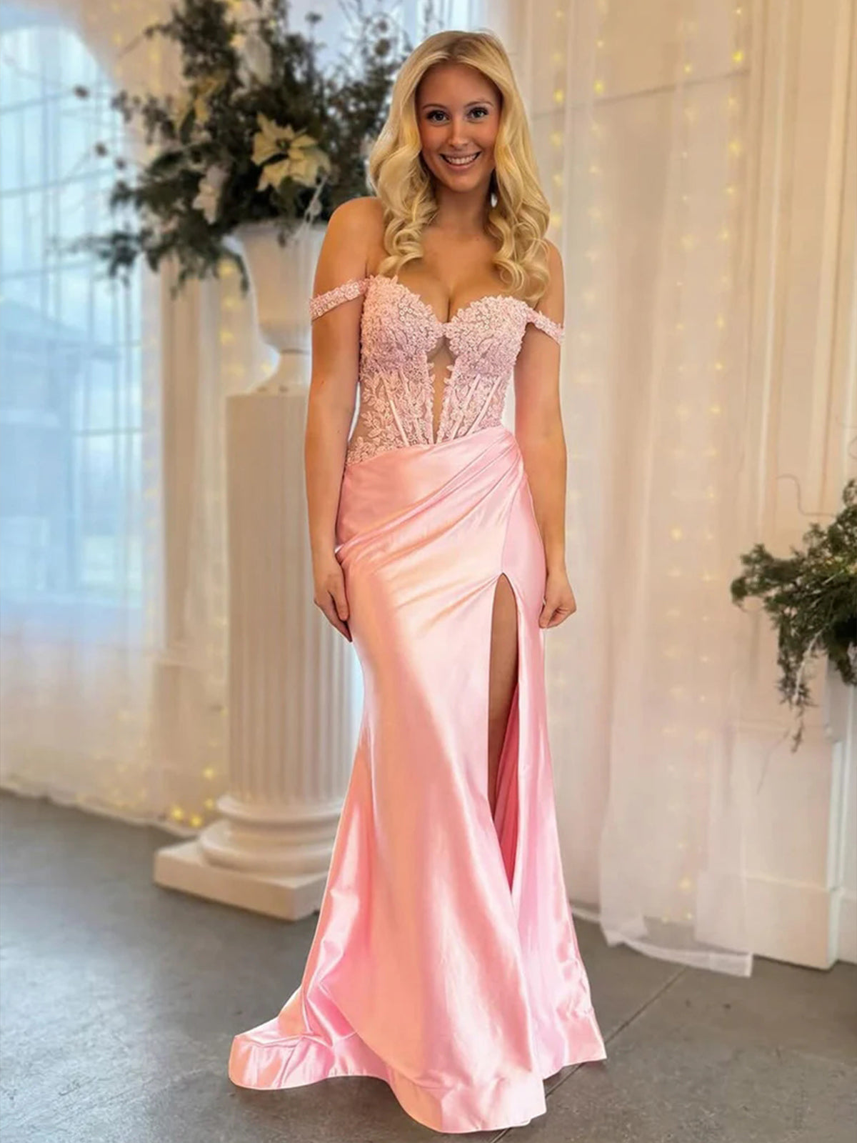 Eseld | Mermaid Sweetheart Pink Satin Long Prom Dresses With Split