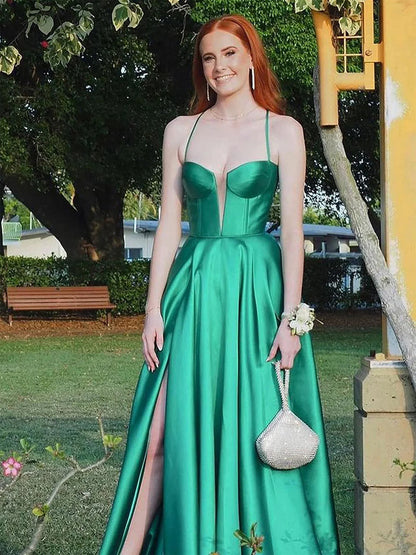 Etherea | A Line Sweetheart Green Satin Long Prom Dresses with Slit