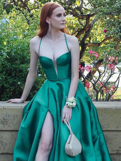 Etherea | A Line Sweetheart Green Satin Long Prom Dresses with Slit