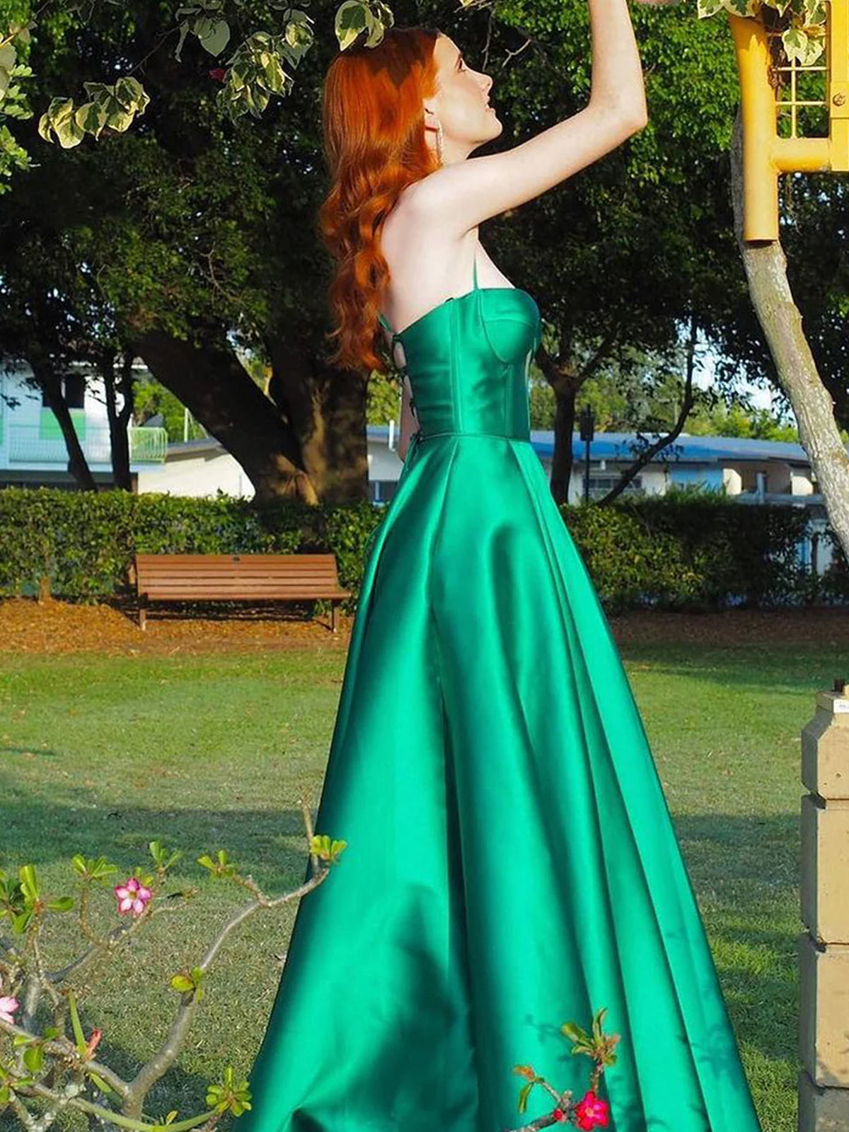 Etherea | A Line Sweetheart Green Satin Long Prom Dresses with Slit