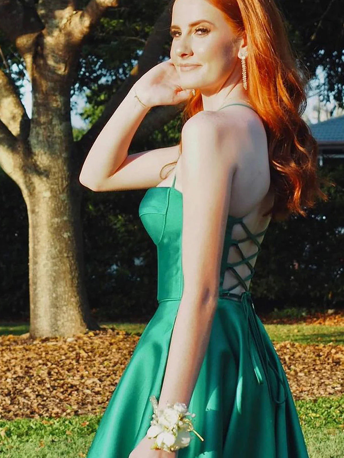 Etherea | A Line Sweetheart Green Satin Long Prom Dresses with Slit