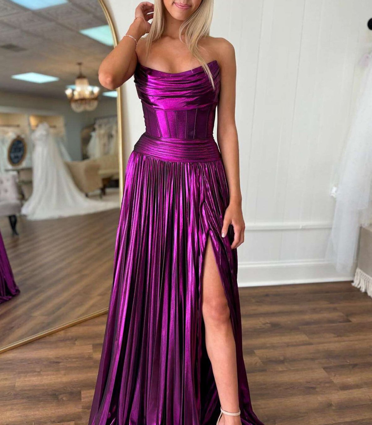 Eunice | A Line Strapless Purple Pleated Metallic Long Prom Dress with Slit