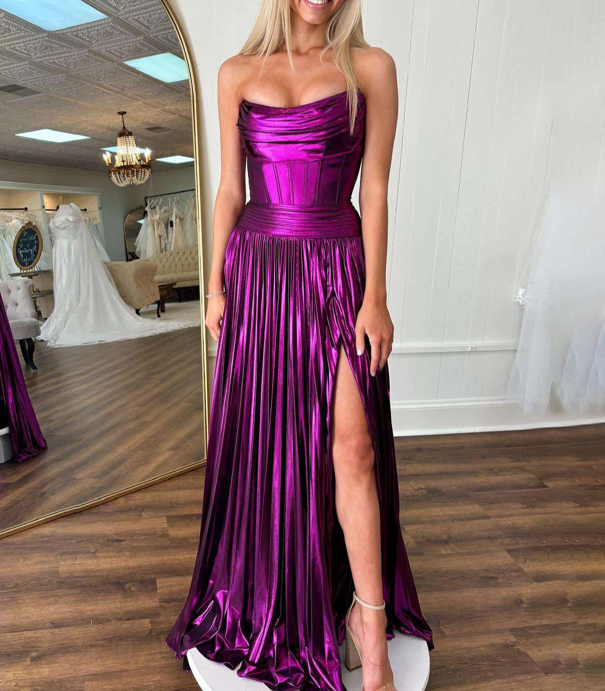 Eunice | A Line Strapless Purple Pleated Metallic Long Prom Dress with Slit