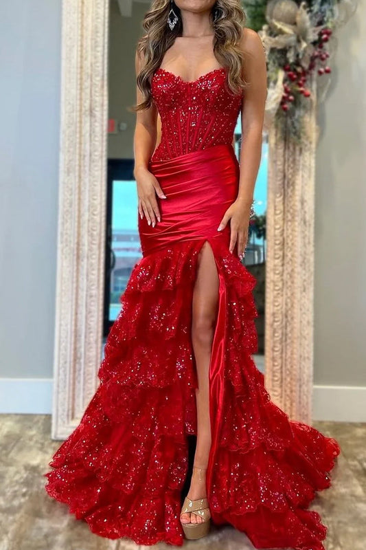 Evaluna | Red Strapless V-Neck Mermaid Pleated Layered Long Prom Dress With Slit