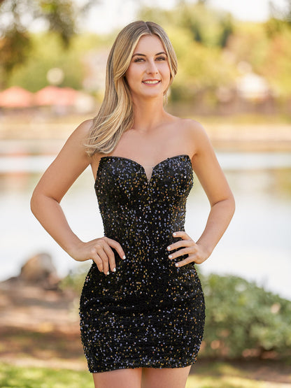 Evora | Bodycon Sweetheart Black Sequin Short Homecoming Dresses