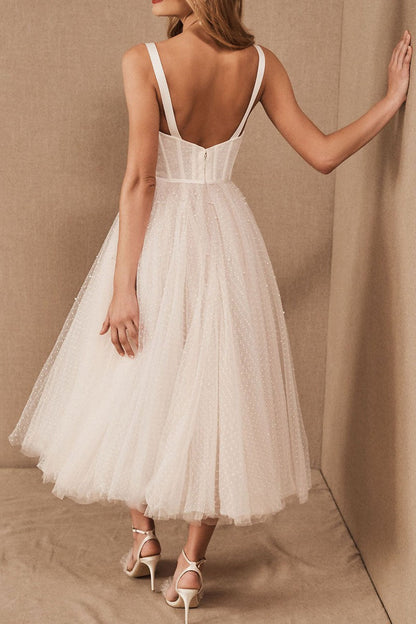 Exclusive White Wedding Dresses T-Length A-Line Sweetheart Pearls Spaghetti Straps Tea Length Bridal Dress