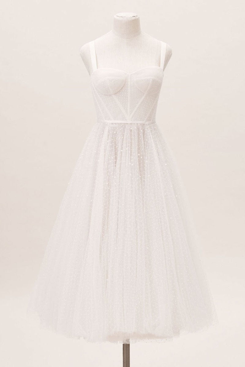 Exclusive White Wedding Dresses T-Length A-Line Sweetheart Pearls Spaghetti Straps Tea Length Bridal Dress