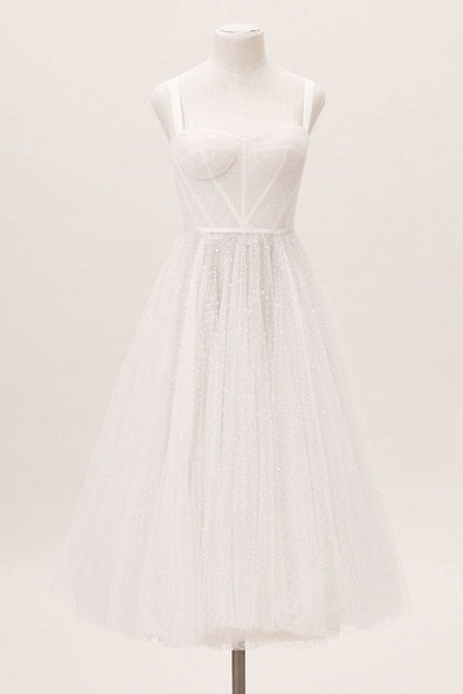 Exclusive White Wedding Dresses T-Length A-Line Sweetheart Pearls Spaghetti Straps Tea Length Bridal Dress