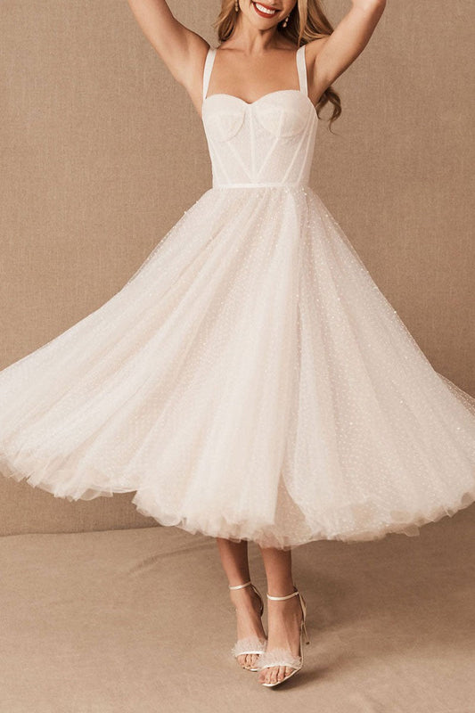 Exclusive White Wedding Dresses T-Length A-Line Sweetheart Pearls Spaghetti Straps Tea Length Bridal Dress