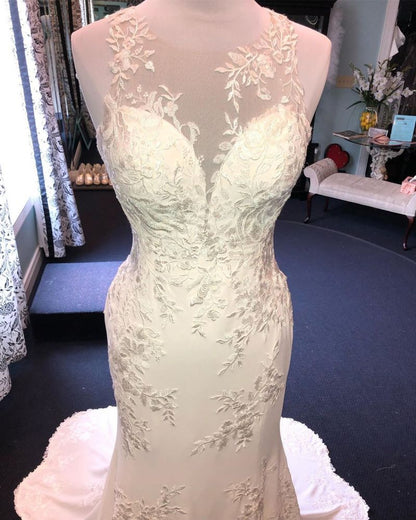 Exquisite Jewel Sleeveless Wedding Dress Sheath Tulle Lace Open Back Bridal Gown