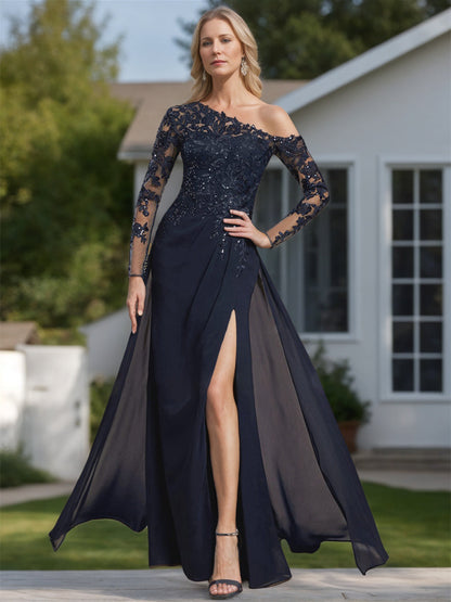 A-Line/Princess One-Shoulder Long Sleeves Floor Length Mother of the Bride Dresses with High Split