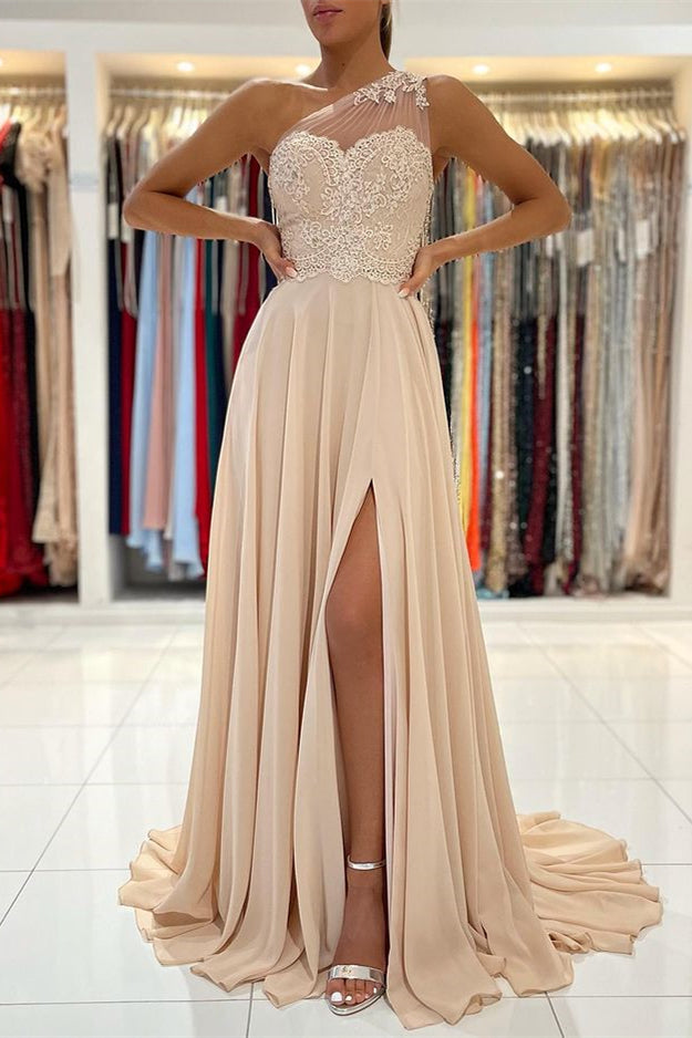 One Shoulder Lace Appliques Prom Dress With Slit PD0425